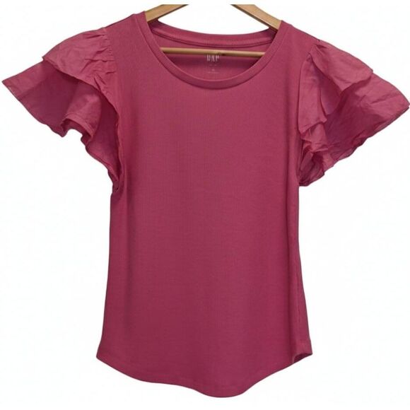 GAP Tops - Gap womens medium ruffle flutter pink sleeve ribbed tshirt top